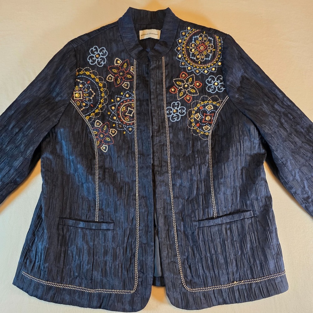 Alfred Dunner Navy Blue‎ Embroidered Crinkle Open Front Jacket Sequin Size 16